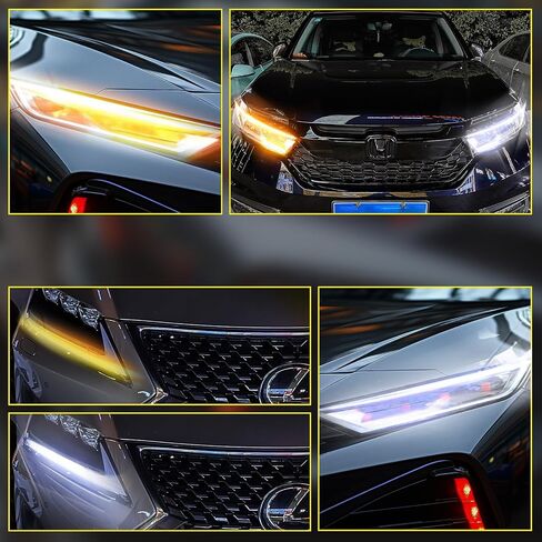 Dual Color Waterproof Flexible Adhesive Daytime Running Lights DRL Switchback Glow Light Strip Headlight Decorative Lamp for Car - White/Amber (60CM 24inch 2Pcs) in Kuwait