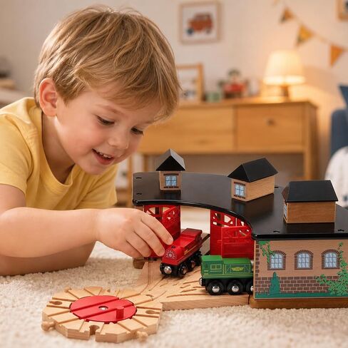 SainSmart Jr. Wooden Train Track with Grand Roundhouse - Railway Toy for Toddlers, Double-Side Tracks Compatible with All Major Brands - Wood Toy Train for Ages 3+ in Kuwait