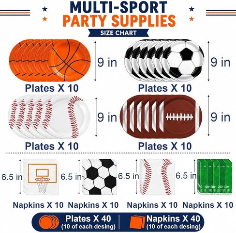 LINHAXM 80 PCS Sport Plates and Napkins Set, Sports Birthday Party Decorations with Basketball Plates, Soccer Plates, Baseball Plates, Football Plates and Napkins for Sports Themed Party Decorations in Kuwait