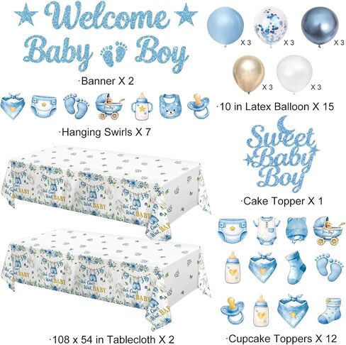 Blue Baby Boy Shower Decorations - Plates, Napkins, Cups, Cutlery, Honeycomb Centerpieces, Banner, Hanging Swirls, Tablecloths, Toppers, Sash, Balloons for Jean Boy Baby Shower Decorations, Serves 20 in Kuwait