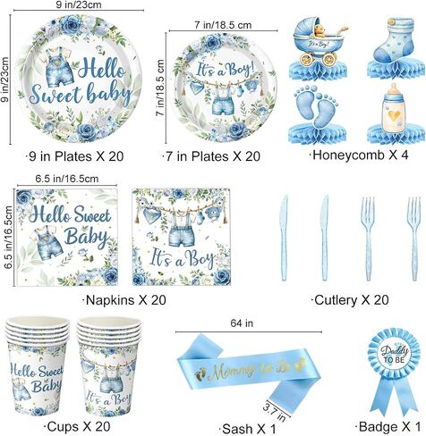 Blue Baby Boy Shower Decorations - Plates, Napkins, Cups, Cutlery, Honeycomb Centerpieces, Banner, Hanging Swirls, Tablecloths, Toppers, Sash, Balloons for Jean Boy Baby Shower Decorations, Serves 20 in Kuwait