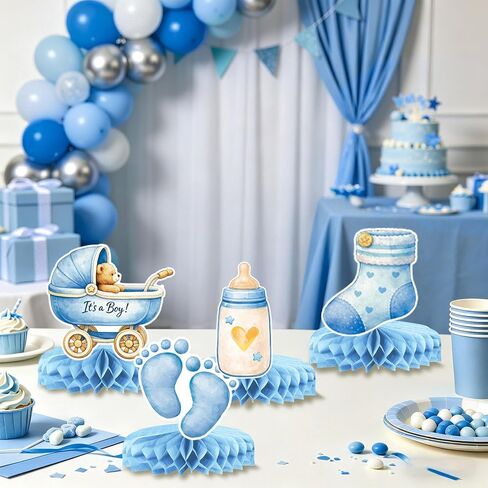 Blue Baby Boy Shower Decorations - Plates, Napkins, Cups, Cutlery, Honeycomb Centerpieces, Banner, Hanging Swirls, Tablecloths, Toppers, Sash, Balloons for Jean Boy Baby Shower Decorations, Serves 20 in Kuwait