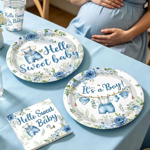 Blue Baby Boy Shower Decorations - Plates, Napkins, Cups, Cutlery, Honeycomb Centerpieces, Banner, Hanging Swirls, Tablecloths, Toppers, Sash, Balloons for Jean Boy Baby Shower Decorations, Serves 20 in Kuwait
