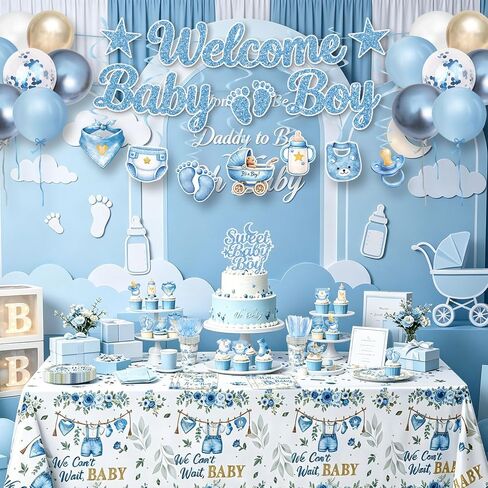 Blue Baby Boy Shower Decorations - Plates, Napkins, Cups, Cutlery, Honeycomb Centerpieces, Banner, Hanging Swirls, Tablecloths, Toppers, Sash, Balloons for Jean Boy Baby Shower Decorations, Serves 20 in Kuwait