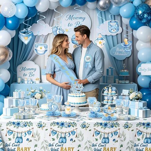 Blue Baby Boy Shower Decorations - Plates, Napkins, Cups, Cutlery, Honeycomb Centerpieces, Banner, Hanging Swirls, Tablecloths, Toppers, Sash, Balloons for Jean Boy Baby Shower Decorations, Serves 20 in Kuwait