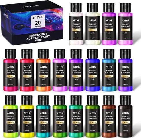 Artme Iridescent Acrylic Paint Set, 20 Chameleon Colors in 2 oz/60ml Bottles, Color-shifting Acrylic Paint Perfect for Artists, Beginners on Canvas, Rocks, Wood, Fabric, Ceramic in Kuwait