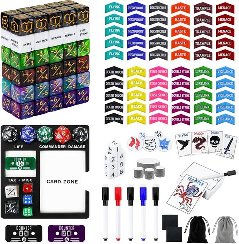 SIXPOINTS 300 Pieces MTG Dice Counters Set with MTG Dry Erase Blank Cards Reusable Proxy Tokens Keyword Life Plus 1 Counter Compatible with Magic The Gathering, TCG, Card Games Accessories in Kuwait