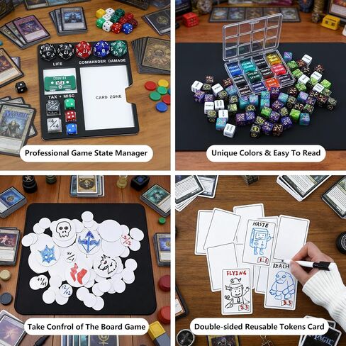 SIXPOINTS 300 Pieces MTG Dice Counters Set with MTG Dry Erase Blank Cards Reusable Proxy Tokens Keyword Life Plus 1 Counter Compatible with Magic The Gathering, TCG, Card Games Accessories in Kuwait