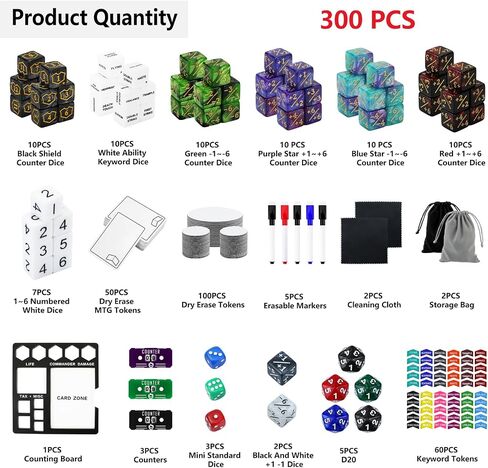 SIXPOINTS 300 Pieces MTG Dice Counters Set with MTG Dry Erase Blank Cards Reusable Proxy Tokens Keyword Life Plus 1 Counter Compatible with Magic The Gathering, TCG, Card Games Accessories in Kuwait