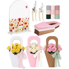 HAPPYER Flower Bar Kit with 50 Bouquet Wrapping Bags, Acrylic Flower Bar Sign, 2 Garden Scissors, 9 Handmade Frayed Edge Ribbons, Bouquet Bar Supplies for Wedding, Floral Bloom Decor & Gift Wrapping in Kuwait
