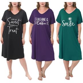 3 Pack Plus Size Nightgowns V Neck Nightshirts Short Sleeve Printed Sleepwear Soft Loungewear for Women in Saudi Arabia