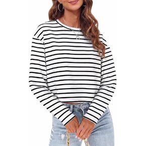 Tankaneo Womens Long Sleeve Cropped T-Shirts Round Neck Casual Drop Shoulder Crop Tops Solid Pullover Tees in Saudi Arabia