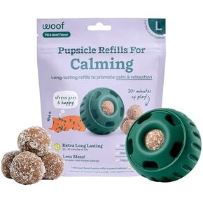 WOOF Pupsicle Calming Starter Kit - Pupsicle and Calming Pops Bundle - Long-Lasting Interactive Dog Toy - 7 Refills with Thiamine, Tryptophan, Passion Flower for Medium and Large Dogs 25-75 lbs in Kuwait