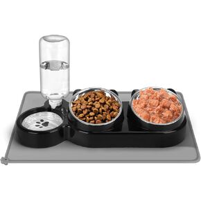 Cat Food and Water Bowl Set, Stainless Steel Raised Cat Bowls with Automatic Water Bottle & Waterproof Mat for Cats/Puppies, 3 in 1 Pet Feeding Station for Wet/Dry Food, Black in Kuwait