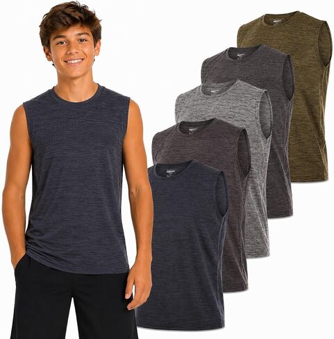 Essential Elements Boys Active Shirt - Quick-Dry Athletic Workout Training Stretch Crew Neck Muscle Tank Top 5 Pack in Kuwait