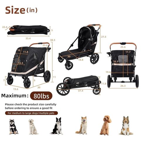 Dog Stroller for Large Dogs One-Click Folding 4 Wheel Foldable Dog Stroller for 2 Dogs with Storage Pocket Suitable for Pets Up to 80LBS (Black, Large) in Saudi Arabia