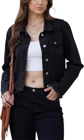 Anienaya Jean Jacket Women’s Frayed Washed Button Up Cropped Denim Jacket w 2 Side Pockets in Kuwait