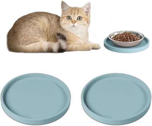Arespark Pet Silicone Food Mat, 6in x 6in Set of 2 Nonslip Waterproof Feeding Bowl Mat with Raised Edges for Food and Water Prevent Spills, Round Eating Tray for Dog Cat Puppy Kitten (Light Blue) in Saudi Arabia