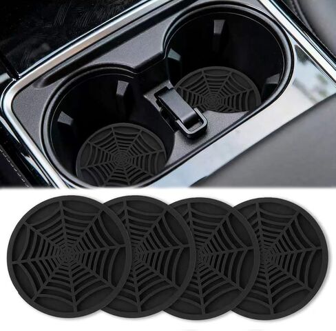 4PCS Silicone Car Coasters,Unique Spider Web Non-Slip Car Cup Holder Coaster Car Interior Accessories,Universal 2.75 Inch Car Drink Coaster for Women Men (Black) in Kuwait