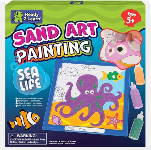 READY 2 LEARN Sand Art Gallery - اللون حسب الرقم - الحياة البحرية - مجموعة فنون الرمل للأطفال - 10 ألوان زاهية - 4 أوراق تصميم مع إطارات - 2 قلم in Kuwait