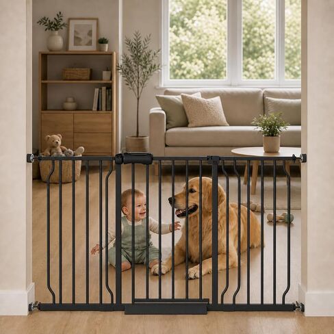 ALLAIBB 57.48-62.20" Extra Wide Pressure Mounted Baby Gate 30" Tall Black | Pressure/Hardware Mounted,Double-Lock,Wall Cups,Auto Close,One-Hand Walk Through,Metal,Ideal for Stairs,Doorways,Kitchen in Kuwait