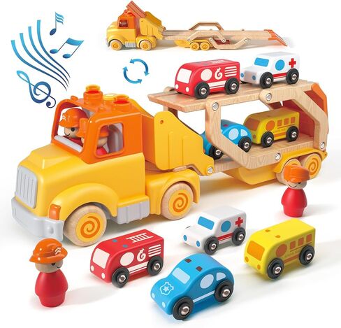 Toddler Toys for 2 3 4 5 Years Old Kids, Transport Car Carrier Truck Toy with 6 Wooden Vehicle, 30in Foldable Track Trailer with Light & Sound Effects, Best Gift Choice for Christmas, Birthday in Kuwait