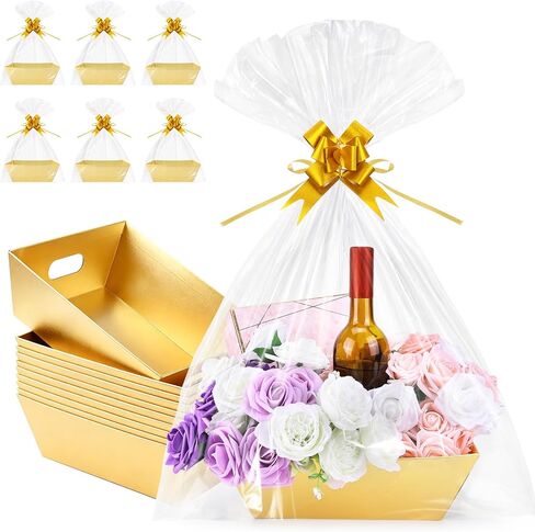 10PACK Brown Baskets For Gifts Empty, 10 x 8" Thick Gift Basket with 10 Clear Bags and Pull Bows, Cardboard Gifts Baskets Trays with Handles for Christmas, Thanksgiving, Wedding, Birthday - Brown in Kuwait