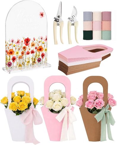 HAPPYER Flower Bar Kit with 50 Bouquet Wrapping Bags, Acrylic Flower Bar Sign, 2 Garden Scissors, 9 Handmade Frayed Edge Ribbons, Bouquet Bar Supplies for Wedding, Floral Bloom Decor & Gift Wrapping in Kuwait