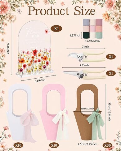 HAPPYER Flower Bar Kit with 50 Bouquet Wrapping Bags, Acrylic Flower Bar Sign, 2 Garden Scissors, 9 Handmade Frayed Edge Ribbons, Bouquet Bar Supplies for Wedding, Floral Bloom Decor & Gift Wrapping in Kuwait