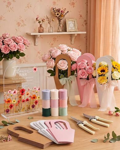 HAPPYER Flower Bar Kit with 50 Bouquet Wrapping Bags, Acrylic Flower Bar Sign, 2 Garden Scissors, 9 Handmade Frayed Edge Ribbons, Bouquet Bar Supplies for Wedding, Floral Bloom Decor & Gift Wrapping in Kuwait