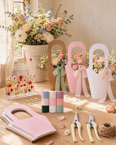 HAPPYER Flower Bar Kit with 50 Bouquet Wrapping Bags, Acrylic Flower Bar Sign, 2 Garden Scissors, 9 Handmade Frayed Edge Ribbons, Bouquet Bar Supplies for Wedding, Floral Bloom Decor & Gift Wrapping in Kuwait