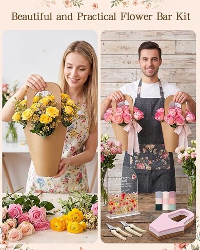 HAPPYER Flower Bar Kit with 50 Bouquet Wrapping Bags, Acrylic Flower Bar Sign, 2 Garden Scissors, 9 Handmade Frayed Edge Ribbons, Bouquet Bar Supplies for Wedding, Floral Bloom Decor & Gift Wrapping in Kuwait