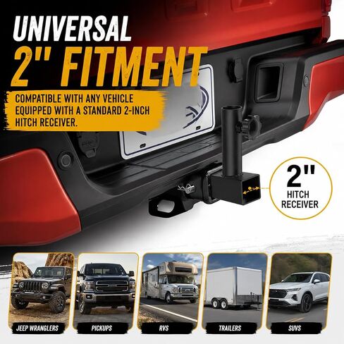 Universal 2 Inches Hitch Flag Pole Holder - Compatible with Jeep, SUV, RV, Pickup, Truck, Camper, Trailer. Anti-Wobble Screws and The Angled Holder Design in Kuwait