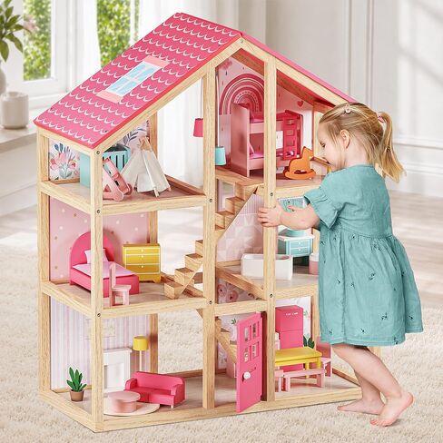 Tiny Land Wooden Dollhouse for Girls - 6 Rooms Wooden Doll House, DIY Pretend Dream House with 30Pcs Furniture Accessories, Gift for Girl Ages 3+ in Kuwait