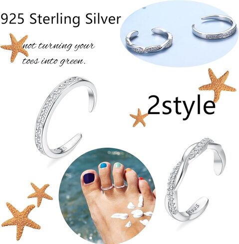 FIASASO 2 Pcs Sterling Silver Toe Rings for Women Adjustable Band Toe Rings Summer Beach Open Toe Ring Foot Jewelry Set in Kuwait