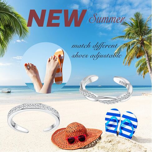 FIASASO 2 Pcs Sterling Silver Toe Rings for Women Adjustable Band Toe Rings Summer Beach Open Toe Ring Foot Jewelry Set in Kuwait