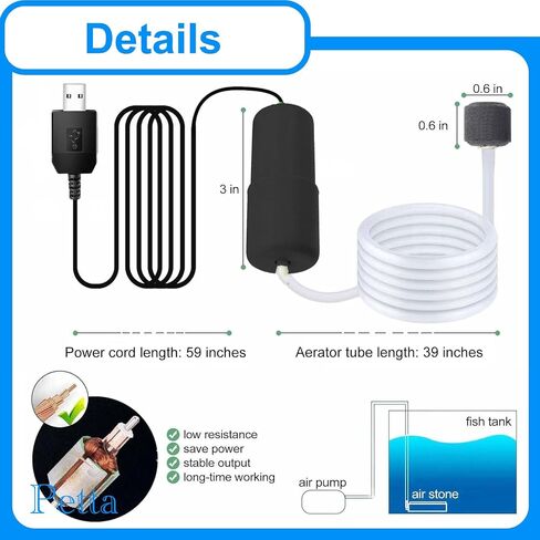 USB Oxygen Air Pump for Aquarium, Quiet Mini Air Pump with 1 Sponge Filter, 1 Air Stone for Shirmp Nano Fish Tank & Transporting Aquatic PA152-1 in Saudi Arabia