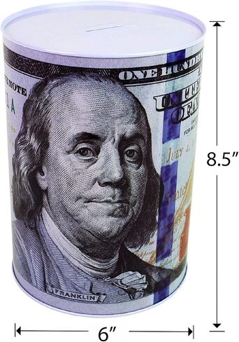 $100 Dollar Bill Piggy Bank 5 7/8" Tall Coin Saving Money Currency Benjamin Franklin Tin Can Banknote Jar (1 Pack, 8 1/2" X 6") in Kuwait