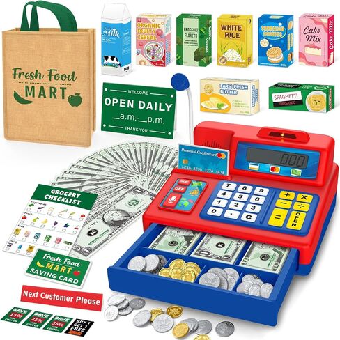 Calculator Cash Register Toy Gift for Kids Age 3, 4, 5, 6, 7, 8+ Year Old, 120 Pcs Grocery Store Playset with Toy Cash, Grocery Boxes， Microphone, Play Cash Register for Toddlers 4-8, Silvery in Saudi Arabia