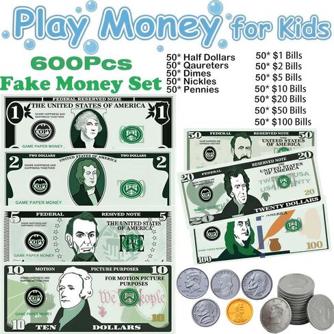 600 Pcs Fake Money for Kids - Realistic Play Money Bills & Plastic Coins - Math Manipulatives & Classroom Currency Set for Grocery Store, Bank, & Board Games - Educational Counting Toy, Ages 3+ in Kuwait