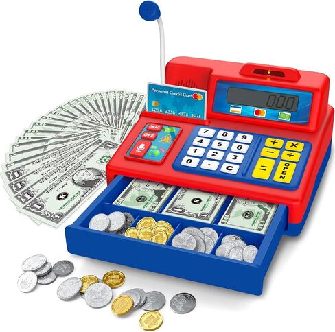 Calculator Cash Register Toy Gift for Kids Age 3, 4, 5, 6, 7, 8+ Year Old, 103 Pcs Pretend Grocery Store Playset with Toy Cash, Microphone, Credit Card, Play Cash Register for Toddlers 4-8, Silvery in Saudi Arabia