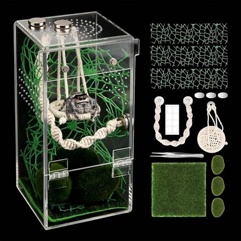 Jumping Spider Enclosure Hammock Kit, 6×3×3 Inch Small Clear Reptile Terrarium, No Assembly Required, Reptile Ventilated Habitat with Magnetic Door for Tarantula, Snail, Praying Mantis in Kuwait