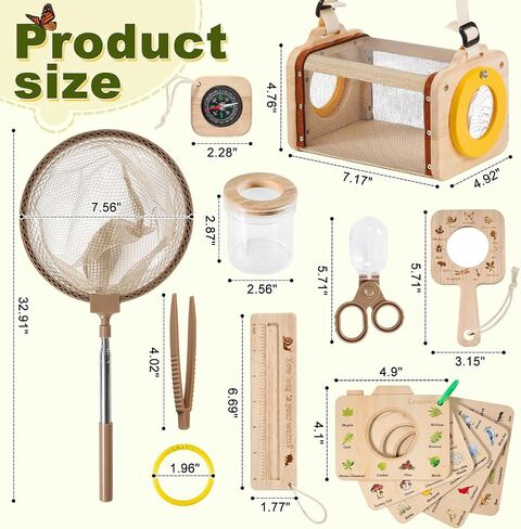 Wooden Bug Catcher Kit for Kids,10PCS Kids Bug Catching Kit with Bug Collector,Butterfly Net,Magnifying Glass,Toddler Bug Habitat Outdoor Explorer Kit Bug Collection,Nature Gift for Boys&Girls in Kuwait