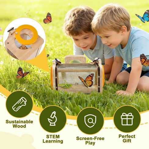 Wooden Bug Catcher Kit for Kids,10PCS Kids Bug Catching Kit with Bug Collector,Butterfly Net,Magnifying Glass,Toddler Bug Habitat Outdoor Explorer Kit Bug Collection,Nature Gift for Boys&Girls in Kuwait