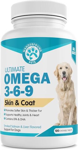 Wanderfound Pets Omega 3-6-9 for Dogs - Skin & Coat Support with EPA & DHA Fish Oil, Smoked Salmon & Liver Flavor, 120 Chewable Tablets in Kuwait