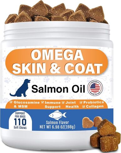 Omega 3 Fish Oil for Dogs - Skin & Coat Supplements with EPA & DHA, Salmon Oil, Glucosamine, MSM, Collagen for Gut, Immune, Shedding, Joint, Heart Health, Salmon Flavor, 110 Count in Kuwait