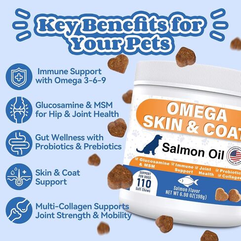 Omega 3 Fish Oil for Dogs - Skin & Coat Supplements with EPA & DHA, Salmon Oil, Glucosamine, MSM, Collagen for Gut, Immune, Shedding, Joint, Heart Health, Salmon Flavor, 110 Count in Kuwait