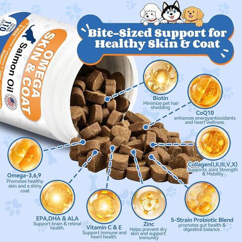 Omega 3 Fish Oil for Dogs - Skin & Coat Supplements with EPA & DHA, Salmon Oil, Glucosamine, MSM, Collagen for Gut, Immune, Shedding, Joint, Heart Health, Salmon Flavor, 110 Count in Kuwait