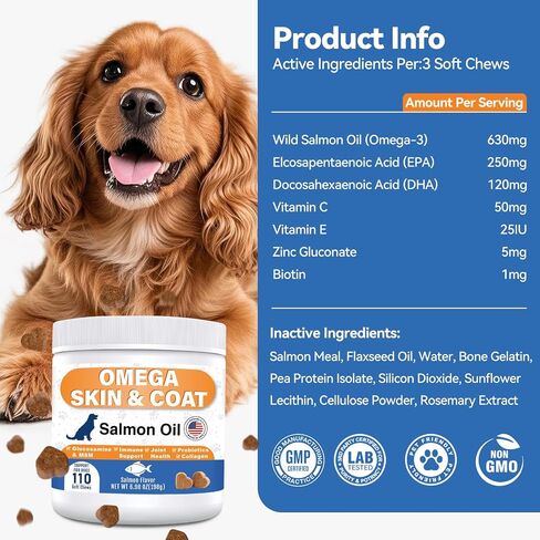 Omega 3 Fish Oil for Dogs - Skin & Coat Supplements with EPA & DHA, Salmon Oil, Glucosamine, MSM, Collagen for Gut, Immune, Shedding, Joint, Heart Health, Salmon Flavor, 110 Count in Kuwait