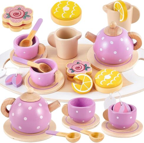 BUYGER Tea Party Set for Little Girls, Wooden Tea Set for Toddlers 1-3 in Kuwait